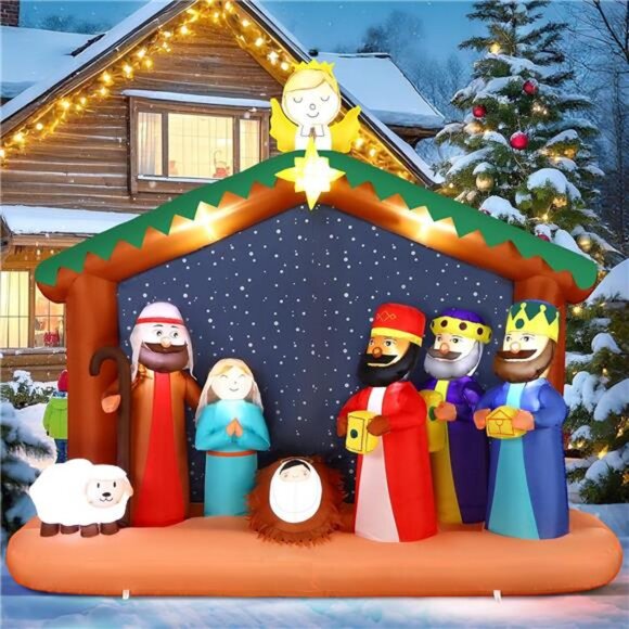 8FT Christimas Inflatable Nativity Scene Decorations Outdoor with Built-in LEDs - Picture 1 of 8
